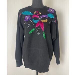 VTG Rave Lambswool Angora Rabbit Hair Grandma Sequin Dramatic Knit Sweater L